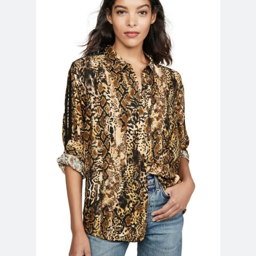 BA&SH tan snakeskin long sleeve button down blouse